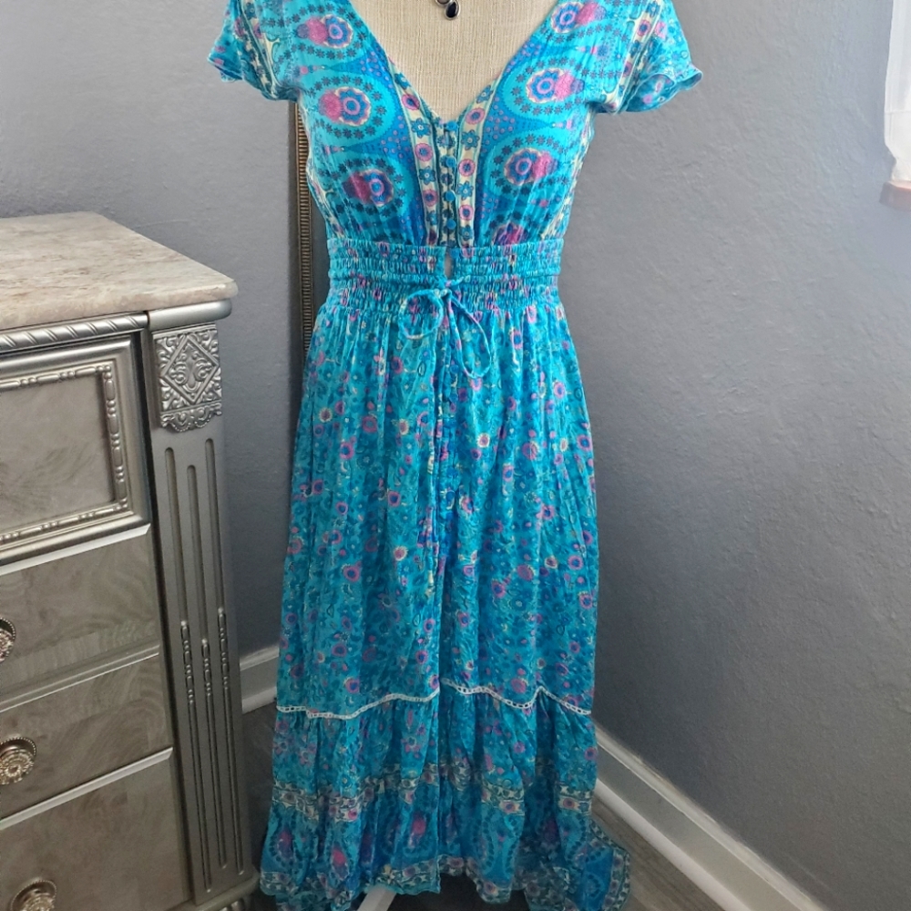 Boho open back turquoise, hi-low maxi dress